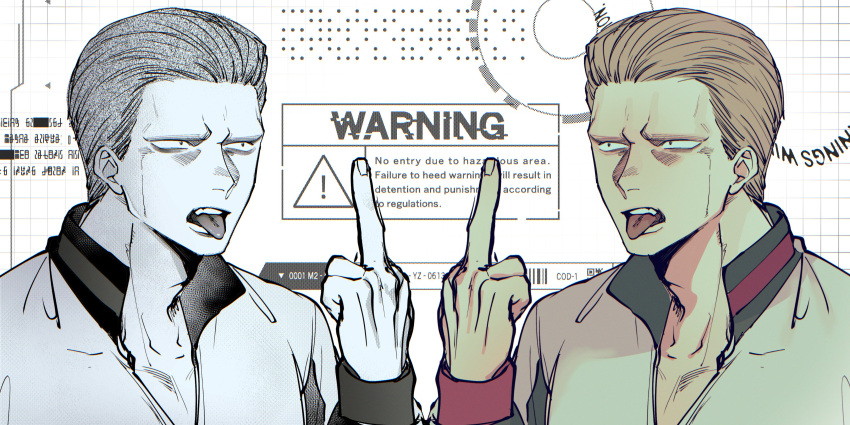 1boy :p absurdres collared_shirt english_text frown greyscale hair_slicked_back highres hunter_x_hunter index_finger_raised male_focus monochrome nachos_(chos_na) phinx shirt short_hair tongue tongue_out upper_body