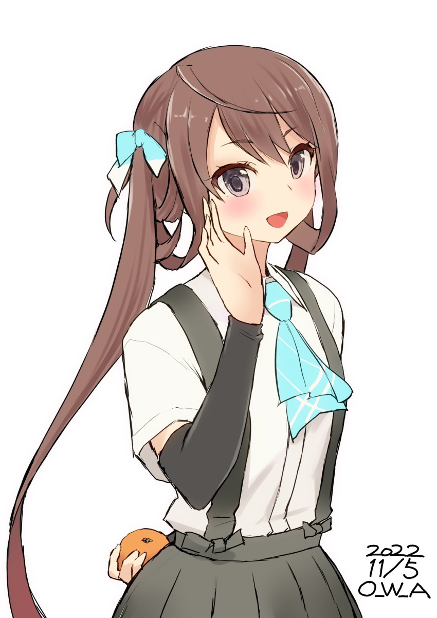 1girl arm_behind_back arm_up artist_name asagumo_(kancolle) ascot blue_ascot blue_bow bow brown_hair dated detached_sleeves food fruit grey_skirt hair_bow highres holding holding_food kantai_collection long_hair looking_at_viewer mandarin_orange one-hour_drawing_challenge open_mouth owa_(ishtail) photoshop_(medium) school_uniform serafuku short_sleeves simple_background skirt smile solo very_long_hair white_background