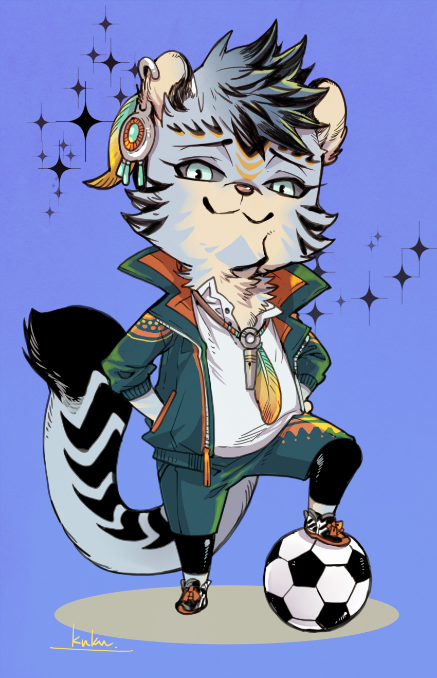 1boy absurdres animal_ears animal_nose ball blue_background blue_eyes blue_fur chest_tuft chibi closed_mouth collared_jacket colored_sclera commentary_request earrings feather_necklace foot_up full_body furry furry_male green_jacket grey_sclera hand_in_pocket highres ixbalanque_(housamo) jacket jaguar_boy jaguar_ears jaguar_tail jewelry large_tail leggings_under_shorts male_focus necklace shirt shoes short_hair shubuka_masamune signature smile smug snout soccer_ball solo sparkle tail tokyo_afterschool_summoners white_shirt