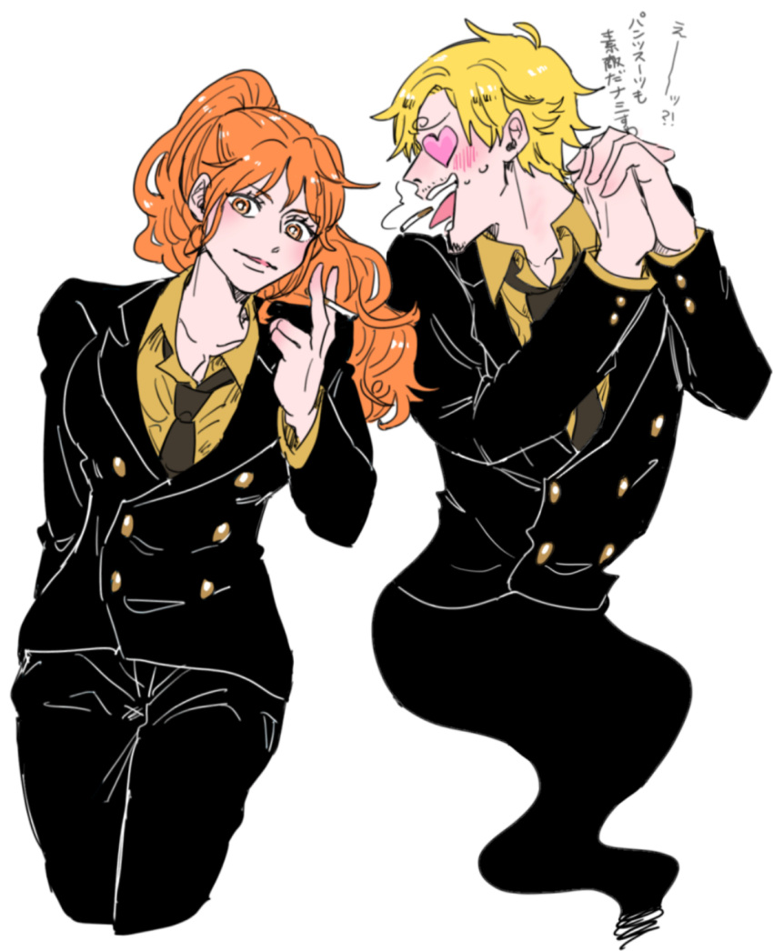 1boy 1girl :d black_pants black_suit blonde_hair cigarette cosplay formal heart heart-shaped_eyes highres holding holding_cigarette long_hair long_sleeves looking_at_another mike_(tomatomato244) nami_(one_piece) necktie one_piece orange_hair own_hands_clasped own_hands_together pants ponytail sanji_(one_piece) sanji_(one_piece)_(cosplay) shirt smile suit white_background yellow_shirt