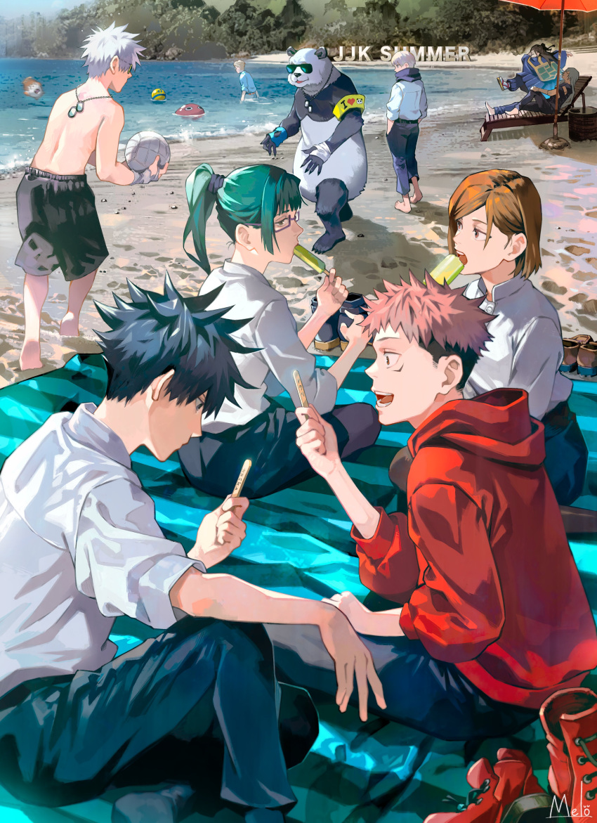 absurdres asphyxiation beach beach_chair beach_mat beach_umbrella black_hair black_pants blonde_hair brown_hair collared_shirt dagon_(jujutsu_kaisen) drowning food fushiguro_megumi getou_suguru gojou_satoru green_hair hands_in_pockets happy highres hood hoodie inumaki_toge itadori_yuuji jewelry jogo_(jujutsu_kaisen) jujutsu_kaisen kugisaki_nobara kyuuba_melo long_hair looking_at_another looking_at_object looking_to_the_side mahito_(jujutsu_kaisen) medium_hair multicolored_hair multiple_boys multiple_girls nanami_kento necklace open_mouth panda panda_(jujutsu_kaisen) pants pink_hair ponytail popsicle popsicle_in_mouth popsicle_stick red_footwear red_hoodie sand scarf shirt short_hair shorts sitting spiked_hair stick sunglasses topless_male two-tone_hair umbrella volleyball water white_hair white_shirt zen'in_maki