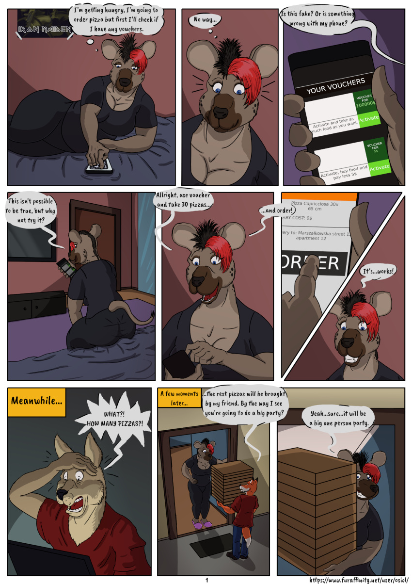anthro big_butt butt comic delivery_(commerce) feeding female food food_delivery hi_res hyaenid mammal ordering_food osiol overweight overweight_anthro overweight_female pizza pizza_box pizza_delivery solo weight_gain