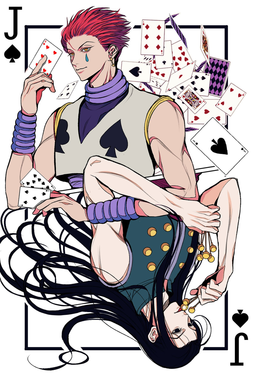 2boys bangs black_eyes black_hair card cropped_torso earrings expressionless hand_up highres hisoka_morow holding holding_card holding_needle hunter_x_hunter illumi_zoldyck jewelry joker_(card) licking_object long_hair male_focus multiple_boys needle pale_skin playing_card poker print_shirt rotational_symmetry shirt short_hair sleeveless spiked_hair suhoyongjungtea toned