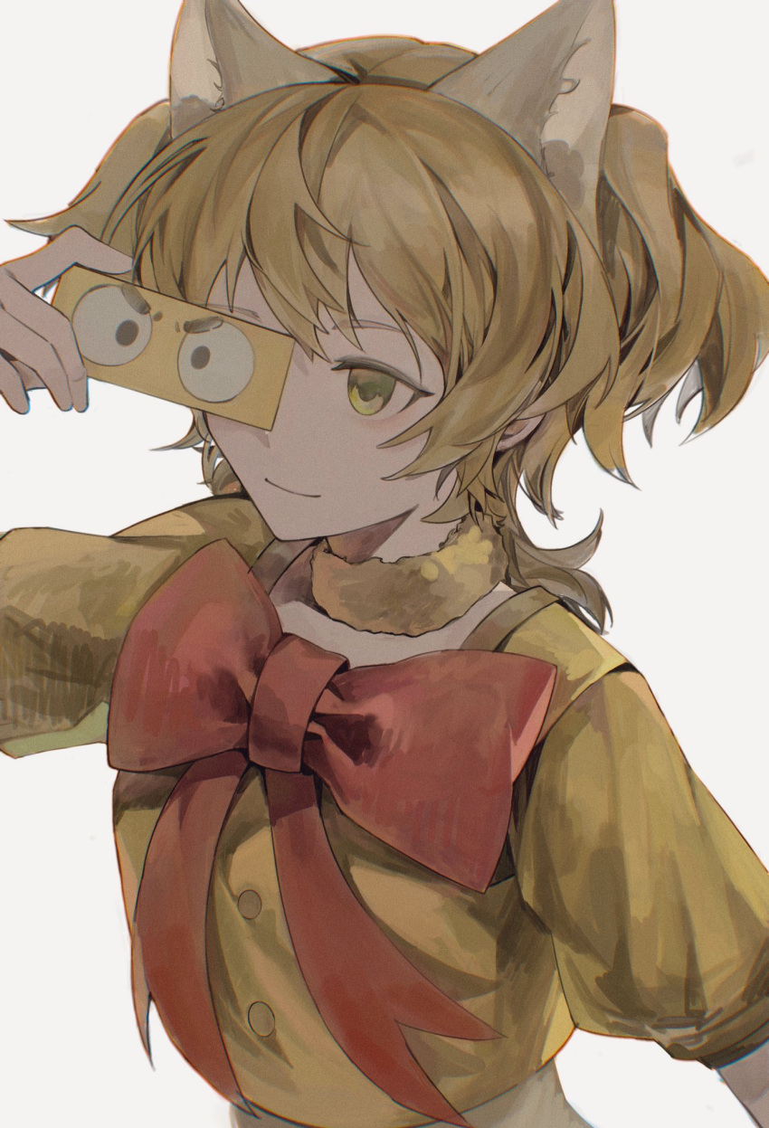 1girl animal_ears arm_up bangs blonde_hair bow bowtie buttons cat_ears chinese_commentary chromatic_aberration closed_mouth commentary_request covering_one_eye crop_top daiba_nana extra_ears fur-trimmed_collar gezi_(gezi25889902) green_eyes grey_background highres kemonomimi_mode large_bow looking_away medium_hair one_eye_covered red_bow red_bowtie shirt short_sleeves short_twintails shoujo_kageki_revue_starlight simple_background smile solo twintails undershirt upper_body v-shaped_eyebrows yellow_collar yellow_shirt