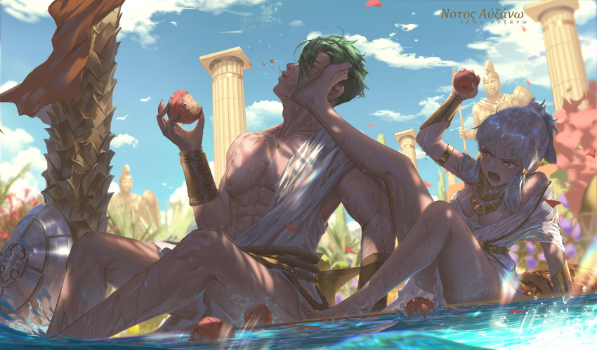 1boy 1girl achilles_(fate) apple armlet barefoot breasts brown_eyes eating fate/grand_order fate_(series) food fruit greek_text green_hair highres hinoborukaku jewelry kicking muscular muscular_male pendant penthesilea_(fate) pillar ponytail shield small_breasts statue toga water white_hair