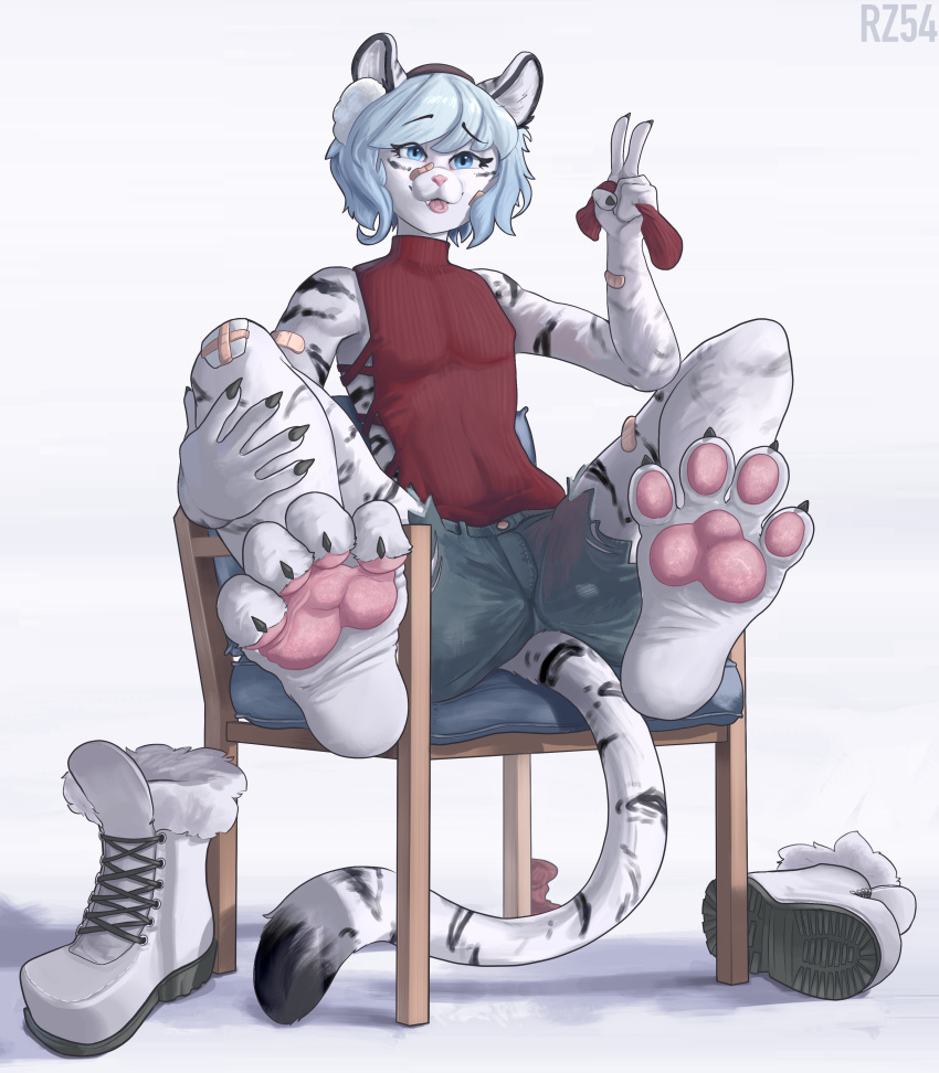 2022 4_toes 5_fingers absurd_res animal_humanoid anthro artist_name band-aid bandage big_feet blep blue_eyes boots bottomwear chair clothing feet felid felid_humanoid fingers foot_fetish footwear furniture hi_res humanoid mammal mammal_humanoid pantherine pantherine_humanoid plantigrade rz54 shorts simple_background sitting taiga_(bungotaiga) tiger_humanoid toes tongue tongue_out topwear white_background