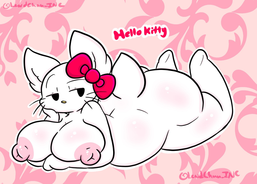 accessory anthro areola big_breasts big_butt black_eyes breasts butt domestic_cat english_text felid feline felis female hair_accessory hair_ribbon half-closed_eyes hello_kitty_(character) hello_kitty_(series) hi_res lewdchuu_(artist) lying mammal narrowed_eyes nipples on_front pink_areola pink_nipples ribbons sanrio solo text thick_thighs whiskers white_body