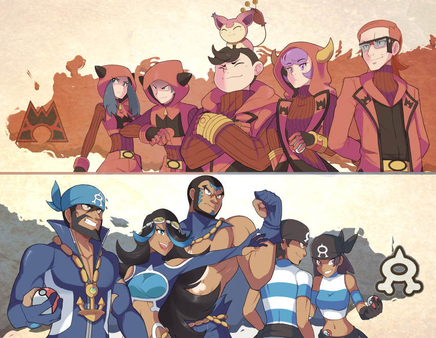 4girls 6+boys absurdres anchor_necklace archie_(pokemon) bandana beard black_hair blue_bandana blue_bodysuit bodysuit closed_mouth courtney_(pokemon) crossed_arms dark-skinned_male dark_skin facial_hair fake_horns frown gloves grin highres holding holding_poke_ball hood hood_up horns jewelry logo matt_(pokemon) maxie_(pokemon) multiple_boys multiple_girls muscular muscular_male necklace on_head poke_ball poke_ball_(basic) pokemon pokemon_(creature) pokemon_(game) pokemon_on_head pokemon_oras sally_(luna-arts) shelly_(pokemon) short_hair sidelocks skitty smile tabitha_(pokemon) team_aqua team_aqua_grunt team_magma team_magma_grunt wetsuit zipper_pull_tab