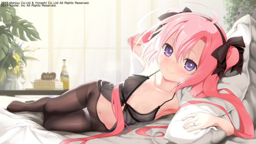 1girl akazawa_red alternate_costume armpits azur_lane bed black_bow blush bow breasts brown_pantyhose cake closed_mouth collarbone crotch_seam feet food front-tie_top full_body hair_bow heavy_breathing highres indoors jewelry legs lingerie long_hair looking_at_viewer lying midriff navel negligee no_panties no_shoes official_art on_bed on_side pantyhose pillow pillow_grab pink_hair plant portrait potted_plant purple_eyes ring saratoga_(azur_lane) small_breasts smile solo stained_sheets sweat thighband_pantyhose thighs underwear very_long_hair wedding_ring window