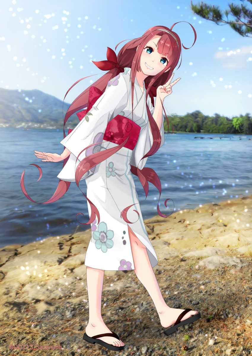 1girl absurdres ahoge alternate_costume asymmetrical_bangs bangs blue_eyes blue_sky cloud day floral_print hair_ribbon hairband highres japanese_clothes kantai_collection kawakaze_(kancolle) kimono lake leaning_forward long_hair looking_at_viewer low_twintails mountain official_alternate_costume outdoors photo_background red_hair ribbon sandals sidelocks simple_background sky solo sorairo_haruka twintails v very_long_hair water white_kimono yukata