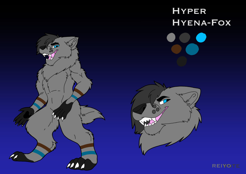 absurd_res anthro canid canine fox hi_res hyaenid hybrid male mammal model_sheet reiyo_(sheplord) reiyoyote solo