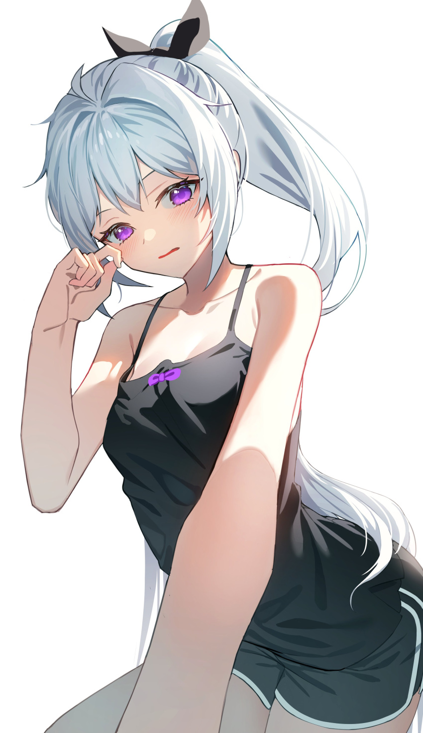 absurdres black_camisole black_shorts camisole character_request copyright_request cropped_arms cropped_legs hair_ribbon highres looking_at_viewer open_mouth ponytail purple_eyes ribbon shorts sugar_(dndi888) white_background white_hair wince