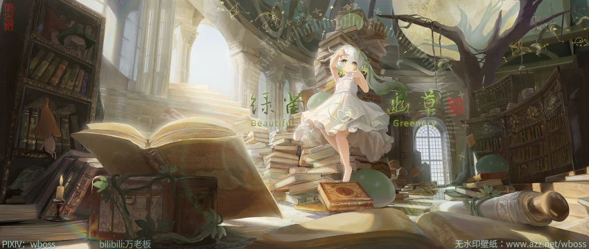 1girl bangs book book_stack bookshelf candle clock_print dress fantasy female_child floating genshin_impact gradient_hair green_eyes green_hair hands_up highres indoors long_hair looking_at_viewer multicolored_hair mushroom nahida_(genshin_impact) plant scroll side_ponytail sleeveless sleeveless_dress solo sunlight vines wboss white_dress white_hair window