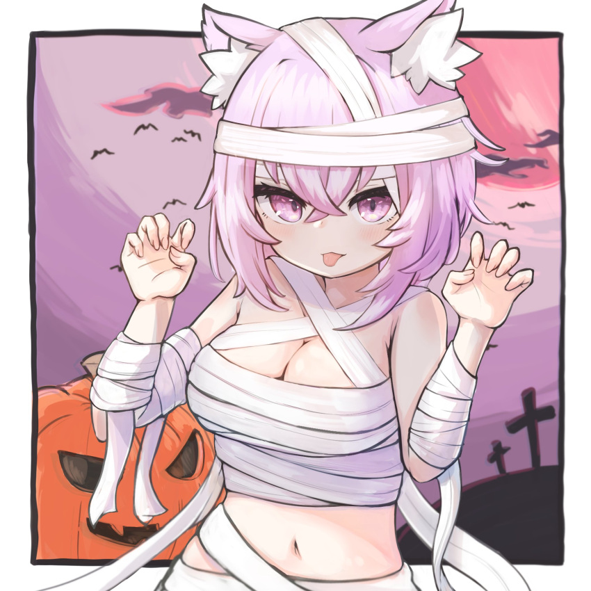 1girl :p ame_to_ame animal_ears bandages breasts cat_ears cat_girl claw_pose cross halloween highres hololive large_breasts mummy_costume naked_bandage nekomata_okayu pumpkin purple_eyes purple_hair short_hair tongue tongue_out virtual_youtuber