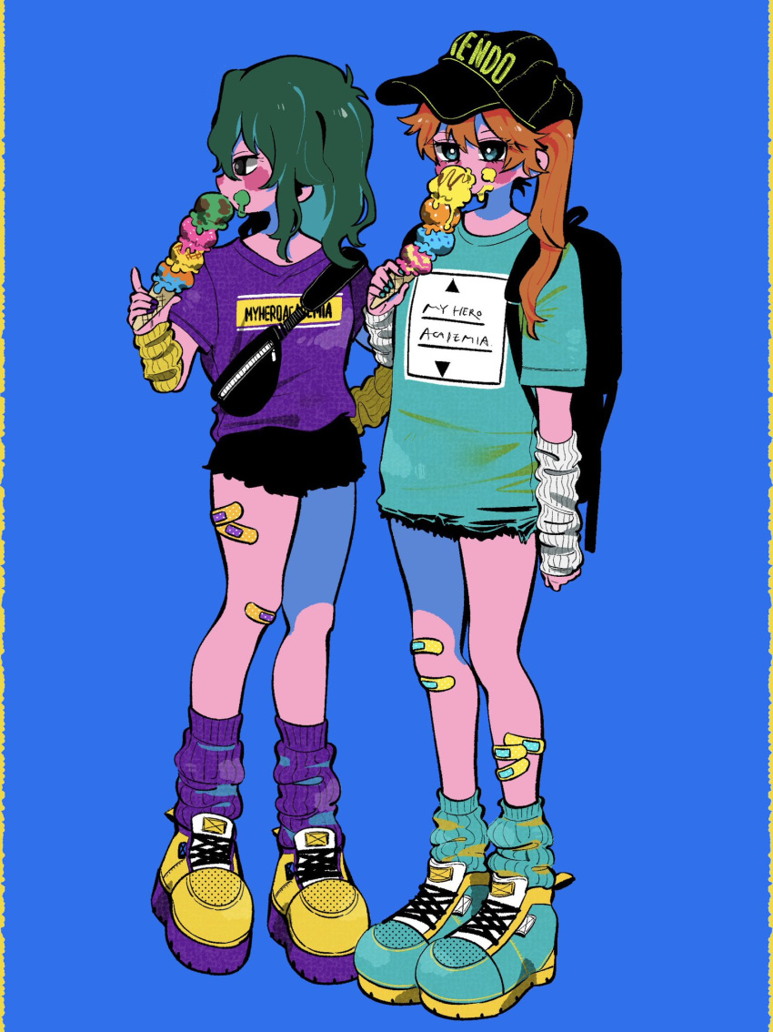 2girls alternate_costume anna_(aannnaa3) aqua_eyes aqua_footwear aqua_shirt aqua_socks arm_warmers bag bandaid bandaid_on_knee bandaid_on_leg bangs baseball_cap black_bag black_headwear black_shorts blue_background boku_no_hero_academia character_name clothes_writing copyright_name covered_mouth eating food food_on_face full_body green_hair hat highres holding holding_food holding_ice_cream ice_cream_cone kendou_itsuka long_hair multiple_girls orange_hair ponytail purple_shirt purple_socks shirt shoes short_sleeves shorts side_ponytail simple_background sneakers socks standing tokage_setsuna yellow_footwear