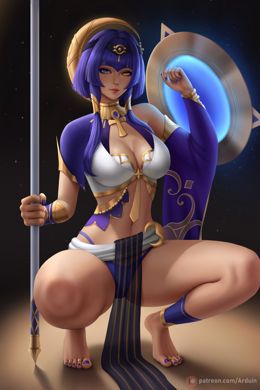 1girl ankh arduina_(arduin_art) barefoot black_hairband blue_eyes blue_hair blue_nails breasts candace_(genshin_impact) dark_skin egyptian eye_of_horus feet forehead_jewel genshin_impact gold_choker gold_trim hairband heterochromia highres holding holding_shield jewelry large_breasts legs nail_polish neck_ring pussy shield short_hair_with_long_locks solo squatting thighs tiptoes toe_ring toenail_polish toenails toes yellow_eyes