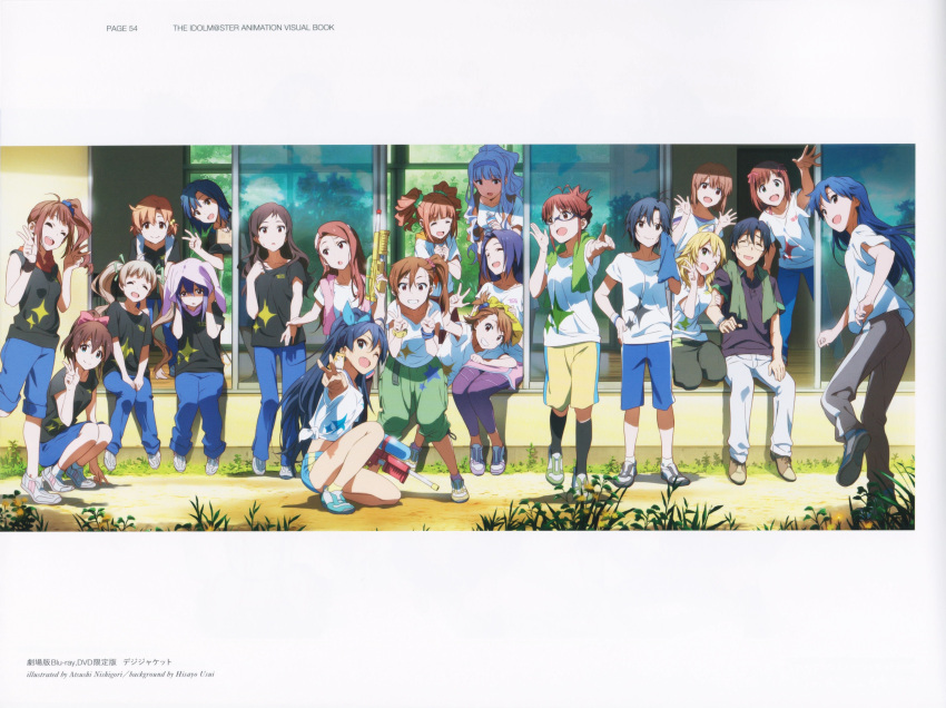 1boy 6+girls :d ;d ^_^ absurdres ahoge akizuki_ritsuko amami_haruka animal_on_shoulder antenna_hair arm_grab artist_name black_hair black_shirt black_socks blonde_hair blue_bow blue_footwear blue_hair blue_pants blue_scrunchie blue_shorts bow brown_hair closed_eyes closed_mouth copyright_name floating_hair futami_ami futami_mami ganaha_hibiki green_pants green_ribbon grey_pants hagiwara_yukiho hair_bow hair_ornament hair_ribbon hair_scrunchie hakozaki_serika head_tilt high_ponytail highres hoshii_miki idolmaster idolmaster_(classic) idolmaster_million_live! kikuchi_makoto kisaragi_chihaya kitazawa_shiho leaning_forward long_hair minase_iori miniskirt miura_azusa mochizuki_anna multiple_girls nanao_yuriko nishigori_atsushi official_art one_eye_closed one_knee one_side_up open_mouth page_number pants pants_under_skirt pink_bow pink_skirt print_pants print_shirt producer_(idolmaster) purple_hair purple_pants red_ribbon ribbon satake_minako scrunchie shijou_takane shirt shoes short_hair short_shorts short_sleeves shorts side_ponytail sitting skirt smile sneakers socks standing standing_on_one_leg star_(symbol) star_print takatsuki_yayoi towel towel_around_neck towel_on_head w white_pants white_shirt white_socks yabuki_kana yellow_shorts yokoyama_nao