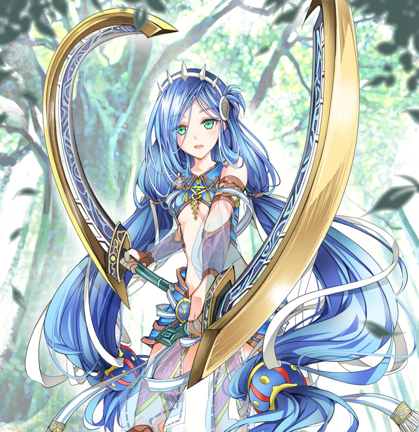 1girl :d armor bangs blue_hair breasts dana_(ys) day dual_wielding faulds floating_hair forest green_eyes hair_between_eyes hair_ribbon highres holding holding_weapon kai_(pixiv) long_hair nature open_mouth outdoors ribbon see-through see-through_sleeves shiny shiny_hair small_breasts smile solo standing twintails underboob very_long_hair weapon white_ribbon ys ys_viii_lacrimosa_of_dana