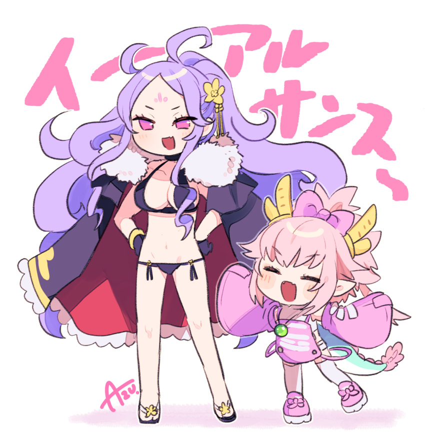 2girls azu_(kirara310) bikini black_bikini bow breasts cape detached_sleeves dragon_horns dragon_tail elizabeth_bathory_(fate) fang fate/grand_order fate_(series) fur-trimmed_cape fur_trim hair_bow hands_on_hips highres horns kumonryuu_eliza_(fate) multiple_girls navel pink_eyes pink_hair pointy_ears purple_hair swimsuit tail thighhighs wu_zetian_(fate) wu_zetian_(swimsuit_caster)_(fate) wu_zetian_(swimsuit_caster)_(third_ascension)_(fate)