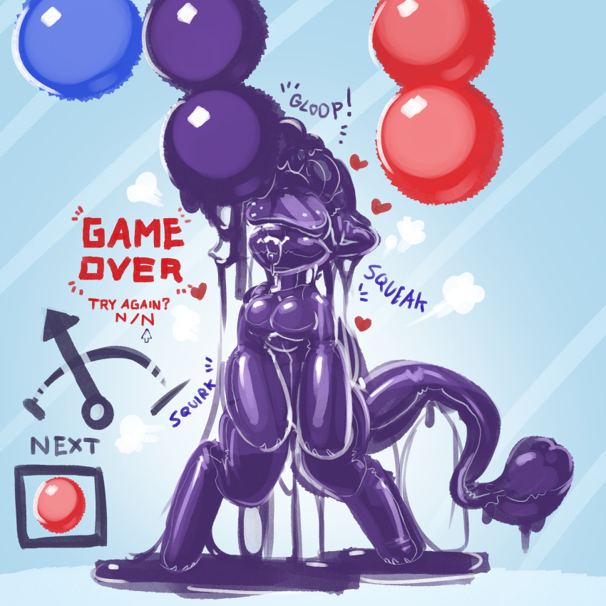 2021 animate_inanimate anthro balloon blindfold bose bose_(character) breasts digital_media_(artwork) felid female game_over gameplay_mechanics goo_transformation hi_res inanimate_transformation inflatable latex latex_creature living_inflatable mammal open_mouth seam_(sewing) simple_background solo standing transformation