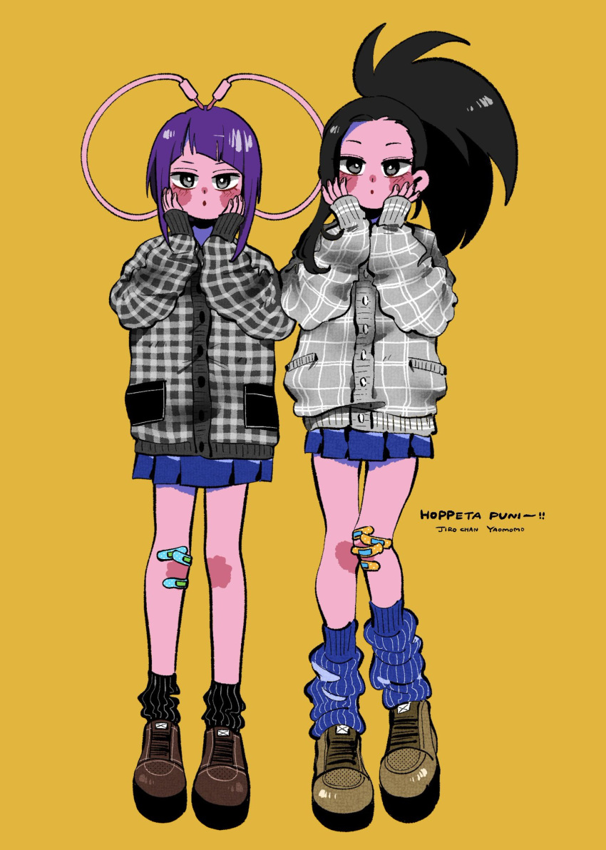 2girls alternate_costume anna_(aannnaa3) audio_jack bandaid bandaid_on_knee bandaid_on_leg bangs black_hair black_socks blue_skirt blue_socks blunt_bangs blush boku_no_hero_academia brown_footwear cardigan character_name full_body grey_cardigan grey_eyes hands_on_own_cheeks hands_on_own_face highres jirou_kyouka long_hair long_sleeves looking_at_viewer medium_hair multiple_girls pleated_skirt ponytail purple_hair romaji_text shoes simple_background skirt sleeves_past_wrists socks standing yaoyorozu_momo yellow_background