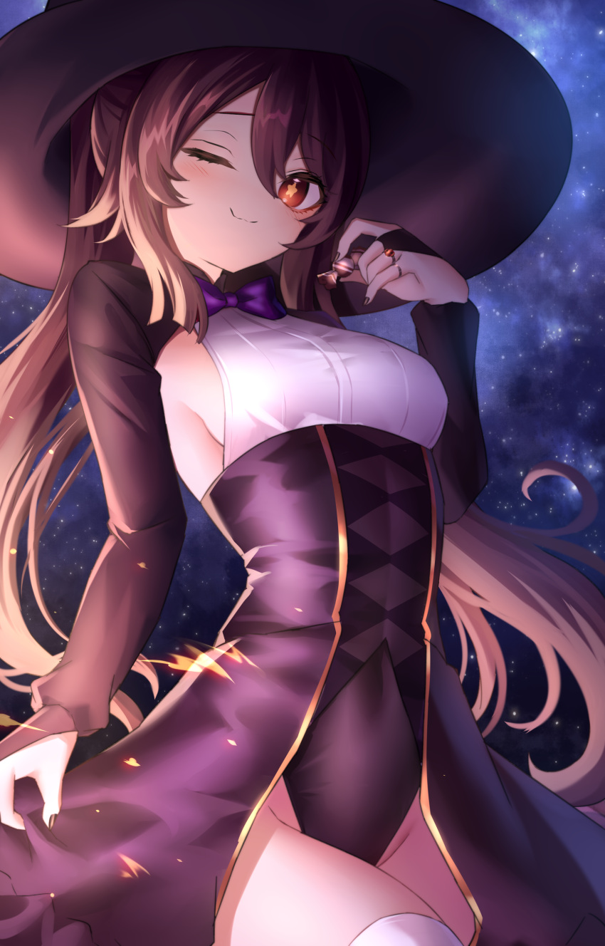 1girl ;) absurdres breasts brown_hair candy dress food genshin_impact halloween_costume hat highres hu_tao_(genshin_impact) jewelry long_sleeves looking_at_viewer nail_polish neit_ni_sei night night_sky one_eye_closed red_eyes ring sideboob sky small_breasts smile symbol-shaped_pupils thighhighs twintails witch_hat
