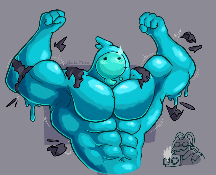 abs biceps big_muscles blue_body blue_skin clothing dot_eyes epic_games fortnite growth hi_res huge_muscles humanoid its_coldpizza male muscle_growth muscular muscular_humanoid muscular_male pecs rippley_(fortnite) simple_background slime solo torn_clothing video_games