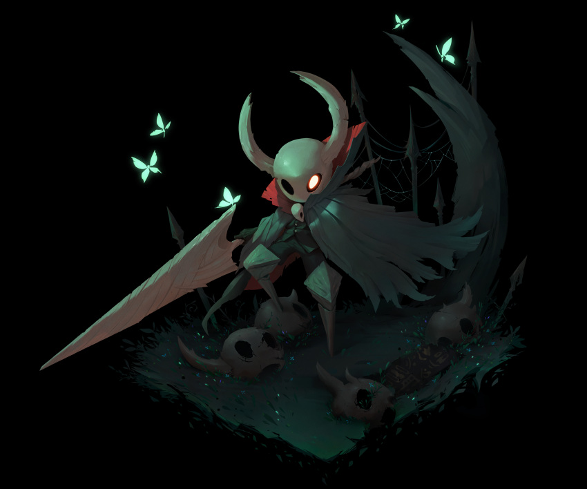 1other 972819623datiancai absurdres armor black_background bug butterfly cape character_request gender_request glowing glowing_eye highres holding holding_weapon hollow_eyes hollow_knight leg_armor no_humans silk simple_background skull solo spider_web standing weapon