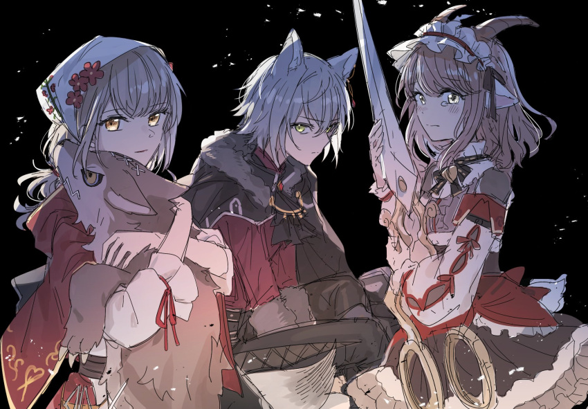 3girls animal_ears azusawa_kohane black_background black_bow black_cape blonde_hair bow cape closed_mouth detached_sleeves dress goat_ears goat_horns green_eyes grey_hair hair_bow hairband hanasato_minori head_scarf highres hinomori_shiho holding holding_scissors horns huge_weapon kaesmedubu lolita_hairband looking_at_viewer multiple_girls project_sekai red_cape red_dress red_shirt scissors shirt smile stuffed_wolf tail tearing_up tomboy weapon white_headwear wolf_ears wolf_tail yellow_eyes zekkyou!?_ookami_no_mori_e_youkoso!_(project_sekai)