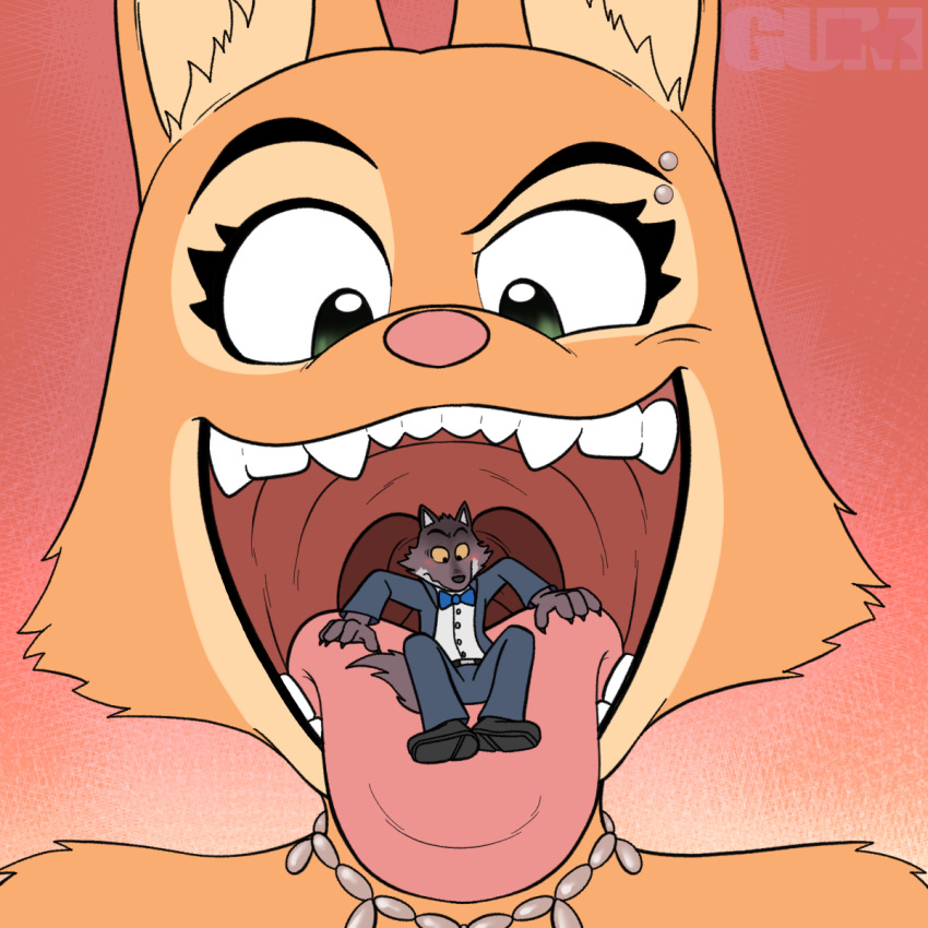 1:1 2022 ambiguous_gender anthro canid canine clothed clothing diane_foxington digital_media_(artwork) dreamworks extreme_size_difference eyebrow_piercing facial_piercing female fingers fox front_view fur gum-k hi_res imminent_vore male mammal micro mouth_shot mr._wolf_(the_bad_guys) open_mouth piercing pink_nose size_difference teeth the_bad_guys