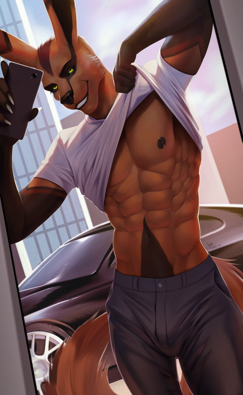 aaron_(shadow_fox10) abs anthro banni_art bottomwear bulge canid canine car cellphone clothed clothing clothing_lift fox hi_res male mammal muscular muscular_anthro muscular_male nipples obliques outside pants pecs phone selfie shirt shirt_lift skyscraper smartphone smile t-shirt teeth topwear vehicle yellow_eyes