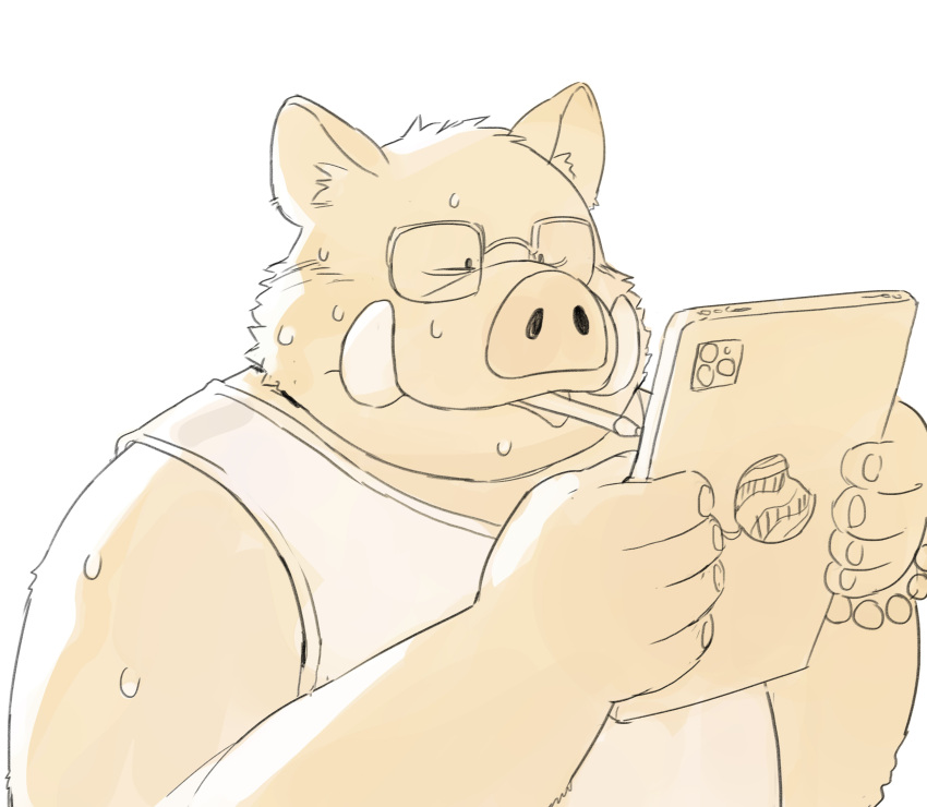 2022 absurd_res anthro bodily_fluids clothing eyewear glasses hi_res humanoid_hands huynhduyad14 kemono male mammal overweight overweight_male portrait shirt simple_background solo suid suina sus_(pig) sweat topwear wild_boar