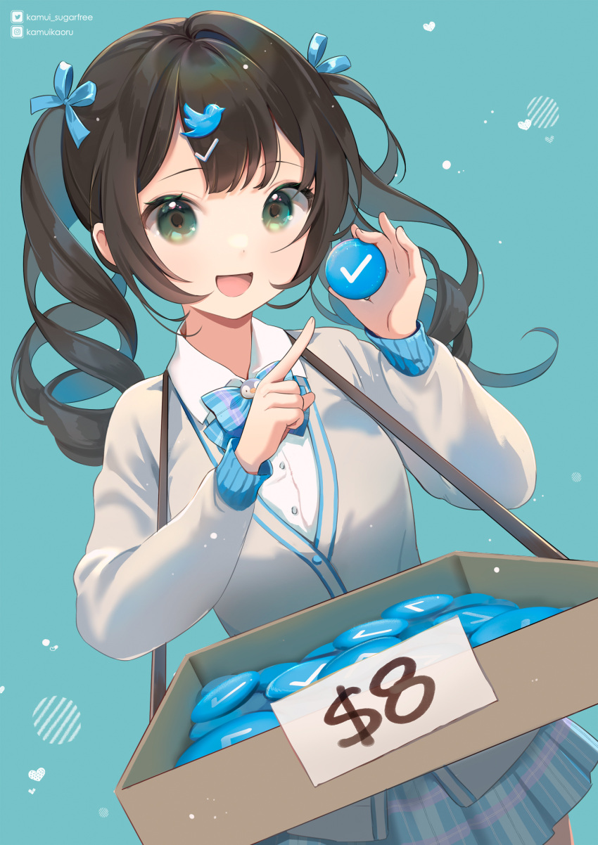 1girl :d badge bangs bird black_hair blue_bow blue_bowtie blue_ribbon blue_skirt blunt_bangs bow bowtie box button_badge cardigan checklist dollar_sign drill_hair green_eyes grey_cardigan grey_skirt hair_ornament hair_ribbon heart highres holding index_finger_raised instagram_username kamui_(kamuikaoru) light_blue_background light_blue_ribbon long_sleeves looking_at_viewer open_mouth original penguin plaid plaid_skirt pleated_skirt pointing price ribbon sale shirt sign simple_background skirt sleeve_cuffs smile too_many twintails twitter twitter_logo twitter_username twitter_verified_checkmark white_shirt