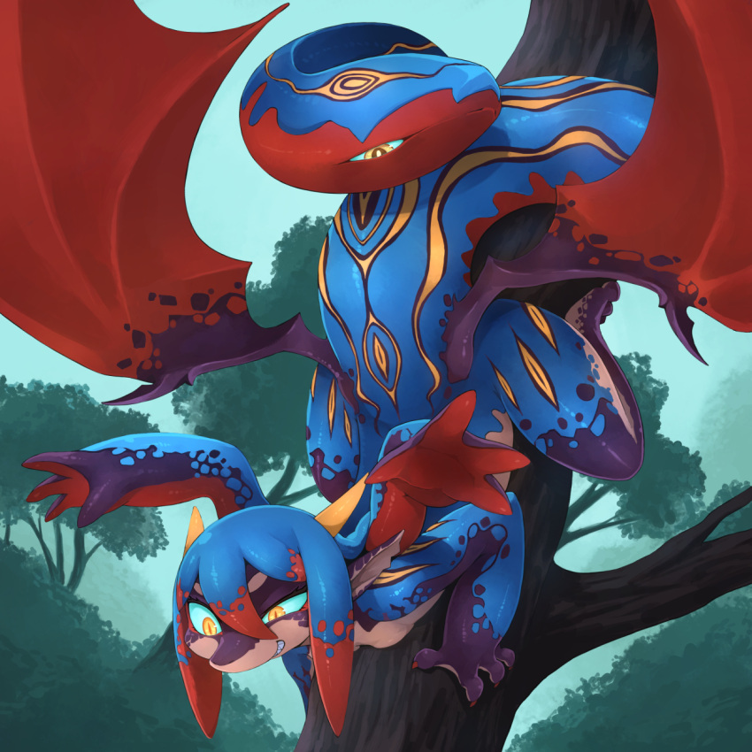2019 4_arms 4_fingers anthro biped blue_body blue_hair blue_pseudo_hair blue_skin blue_tail breasts claws climbing climbing_tree colored countershade_arms countershade_face countershade_legs countershade_skin countershade_tail countershade_torso countershading day detailed_background digital_media_(artwork) dragon eyelashes female finger_claws fingers fog forest front_view full-length_portrait gloves_(marking) grin hair hi_res horn hybrid in_tree kamukamu6392 kemono leg_markings living_tail long_tail markings membrane_(anatomy) membranous_wings multi_arm multi_limb multicolored_body multicolored_ears multicolored_hair multicolored_skin multicolored_tail nature non-mammal_breasts nude orange_pupils outside plant portrait pose prehensile_tail pseudo_hair pupils purple_body purple_ears purple_skin purple_wings raised_arms red_body red_claws red_countershading red_hair red_pseudo_hair red_skin red_tail red_wings reptile scalie shaded sky slit_pupils small_breasts smile snake snake_tail snout solo tail_markings teeth three-quarter_view tree two_tone_ears two_tone_hair two_tone_wings unusual_anatomy unusual_tail upside_down white_body white_countershading white_ears white_inner_ear white_pupils white_skin wing_claws wings yellow_body yellow_eyes yellow_horn yellow_markings yellow_skin yellow_tail