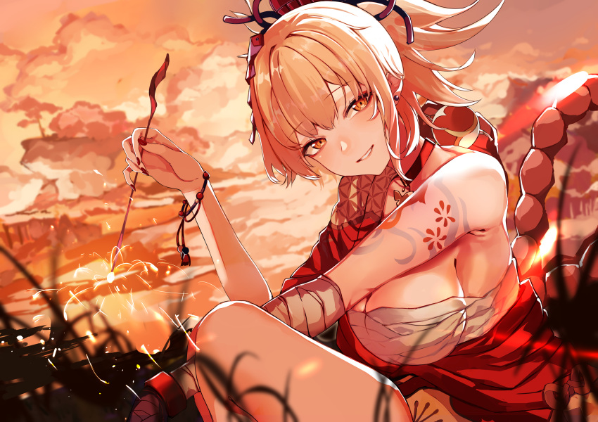 1girl absurdres arm_tattoo bandaged_arm bandages bangs blonde_hair bracelet breasts chest_sarashi cleavage cloud fireworks genshin_impact hadanugi_dousa hair_between_eyes hair_ornament head_tilt highres japanese_clothes jewelry kimono large_breasts orange_kimono parted_lips ponytail rope sarashi sas_(ls08b) shimenawa shoulder_tattoo single_bare_shoulder sitting smile solo sparkler tattoo yellow_eyes yoimiya_(genshin_impact)