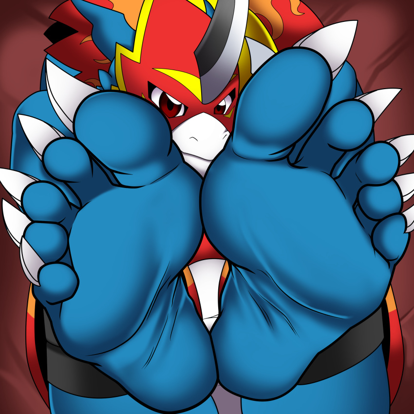 5_toes absurd_res bandai_namco claws cyborg-steve digimon digimon_(species) dragon feet feet_together flamedramon foot_focus hi_res humanoid_feet looking_at_viewer male soles solo toe_claws toes
