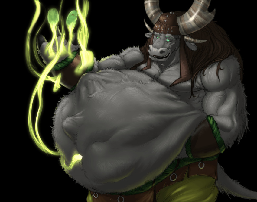 abdominal_bulge after_vore anthro armor belly big_belly bovid bovine brown_hair cattle dreamworks fur green_eyes grey_body grey_fur hair hauoli47 headgear helmet horn kai_the_collector kung_fu_panda male male_pred mammal muscular muscular_male same_size_vore vore