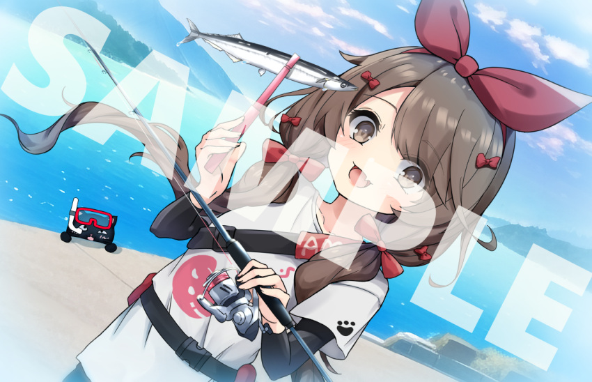 1girl :d animal bangs black_cat blue_sky blush bow brown_eyes brown_hair cat cloud commentary_request copyright_request day fang fish fishing_line fishing_rod goggles goggles_on_head hair_bow hair_over_shoulder hair_ribbon hairband holding holding_fishing_rod layered_sleeves long_hair long_sleeves looking_at_viewer low_twintails outdoors parted_bangs red_bow red_hairband red_ribbon ribbon sample_watermark shirt short_over_long_sleeves short_sleeves sky smile snorkel solo twintails very_long_hair virtual_youtuber water white_shirt yusake_san