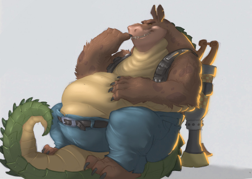 abdominal_bulge activision anthro belly big_belly bottomwear brown_body brown_fur canid canine canis clothing crash_bandicoot_(series) crocodilian dingo dingodile fur hand_on_stomach hauoli47 male mammal pants reptile same_size_vore scales scalie video_games vore