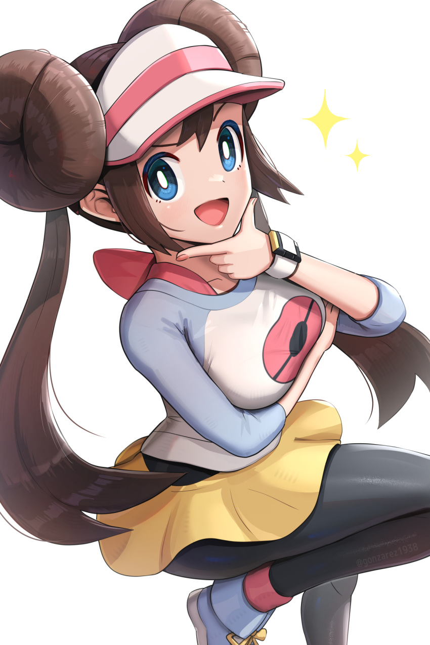 1girl :d black_pantyhose blue_eyes bow breasts brown_hair double_bun doughnut_hair_bun gonzarez hair_bun highres large_breasts legwear_under_shorts long_hair looking_at_viewer open_mouth pantyhose pink_bow pokemon pokemon_(game) pokemon_bw2 raglan_sleeves rosa_(pokemon) shoes short_shorts shorts simple_background smile sneakers solo twintails very_long_hair visor_cap white_background yellow_shorts