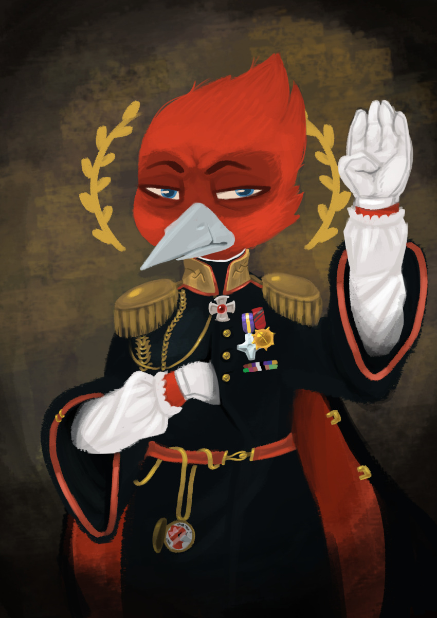 18th_century absurd_res ancient_art anthro avian avio_(avioylin) clothing coat coffeetoffee hi_res male medal military military_uniform serious solo stylized topwear traditional_media_(artwork) uniform