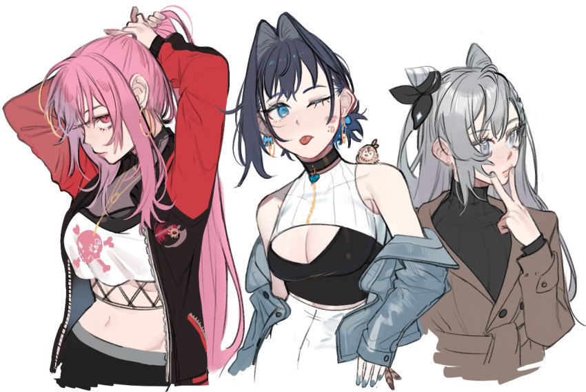 bangs blue_eyes blue_hair blunt_bangs choker cleavage_cutout clothing_cutout cone_hair_bun crop_top earrings eus_ing grey_hair hair_bun hair_intakes hololive hololive_english hololive_indonesia jacket jewelry long_hair midriff mori_calliope multiple_girls nanashi_mumei_(owl) navel off_shoulder ouro_kronii pink_eyes pink_hair short_hair stomach turtleneck tying_hair vestia_zeta virtual_youtuber