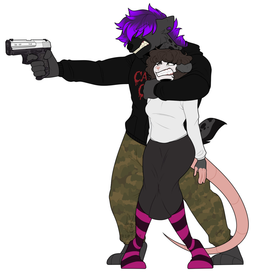 anthro bottomwear camo camo_bottomwear camo_clothing camo_print canid canine clenched_teeth clothed clothing didelphid digital_media_(artwork) duo female footwear gun hair hair_over_eye hair_over_eyes handgun head_lock hi_res holding_gun holding_object holding_weapon hostage human_shield hyaenid knock-kneed legwear male male/female mammal marsupial mary_(marynonbinary) one_eye_obstructed panicking pattern_bottomwear pattern_clothing pattern_footwear pattern_legwear pattern_socks phalangeriform piercing purple_hair ranged_weapon ribr0t scared skirt socks spotted_hyena striped_clothing striped_footwear striped_socks stripes teeth topwear unnamed_character virginia_opossum weapon