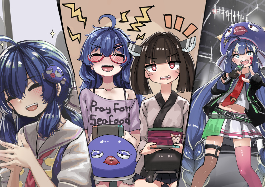 2girls ^_^ ahoge animal_hat ass_visible_through_thighs asymmetrical_gloves asymmetrical_legwear bangs belt belt_buckle black_gloves black_hair black_jacket black_skirt blue_eyes blue_hair blush buckle closed_eyes clothes_writing collared_shirt dark_blue_hair eel_hat facial_mark fang glasses gloves hair_between_eyes hair_ornament hairclip hands_up hat highres holding holding_microphone jacket japanese_clothes joy-con kimono legwear_garter long_hair loose_belt microa microphone miniskirt mismatched_gloves mismatched_legwear multiple_girls musical_note navel necktie no_nose obi off-shoulder_shirt off_shoulder open_clothes open_jacket otomachi_una otomachi_una_(spicy) otomachi_una_(sugar) otomachi_una_(talkex) own_hands_together partially_fingerless_gloves pink_eyes pink_thighhighs pleated_skirt purple_headwear red-framed_eyewear red_necktie sash semi-rimless_eyewear shirt single_bare_shoulder single_horizontal_stripe skirt sparkle thighhighs touhoku_kiritan under-rim_eyewear v-shaped_eyebrows very_long_hair vocaloid voiceroid white_kimono white_shirt white_skirt yukata zettai_ryouiki