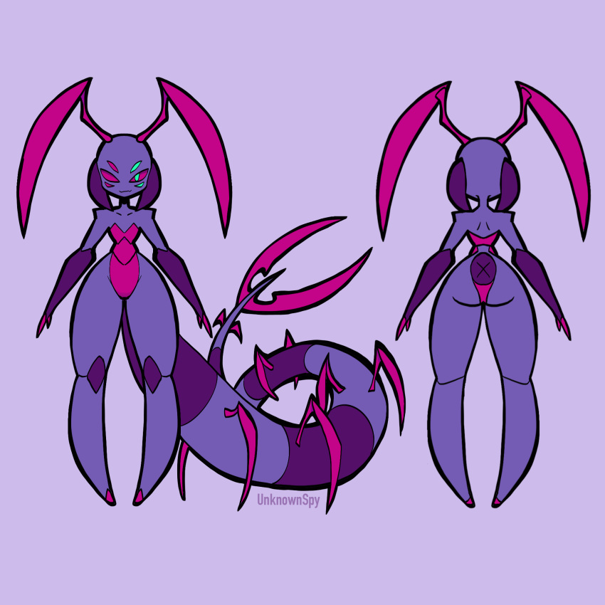 2020 antennae_(anatomy) anthro arthropod blue_eyes butt centipede female front_view heterochromia hi_res model_sheet myriapod pink_eyes pink_sclera purple_body purple_skin rear_view skitter_(unknownspy) solo unknownspy wide_hips