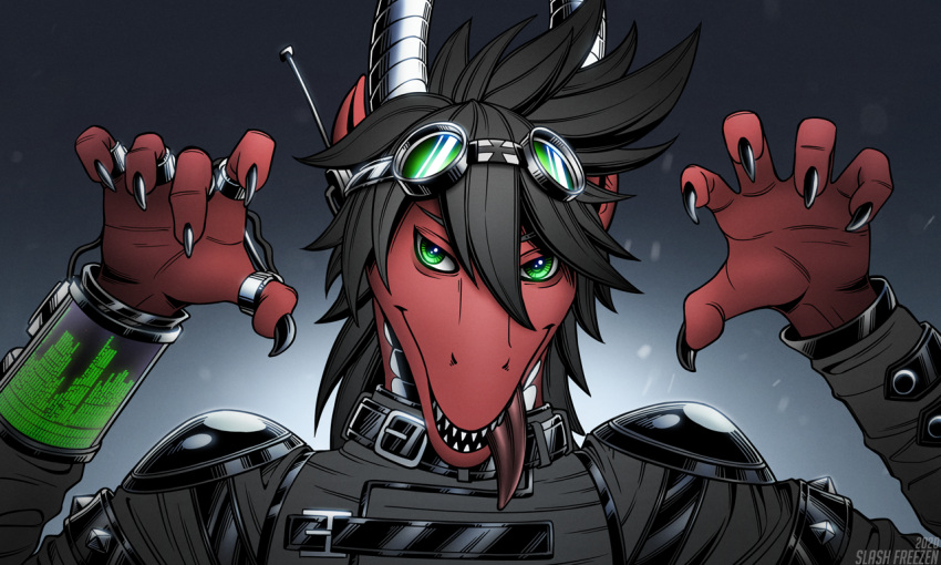 2020 5:3 anthro artist_name black_claws black_clothing black_hair black_topwear bust_portrait claws clothed clothing dated eyewear eyewear_on_head finger_claws front_view glistening glistening_eyes glistening_horn goggles goggles_on_head green_eyes grey_horn hair horn male messy_hair open_mouth portrait rawr red_body scalie sharp_teeth simple_background slash_freezen solo teeth tongue tongue_out topwear