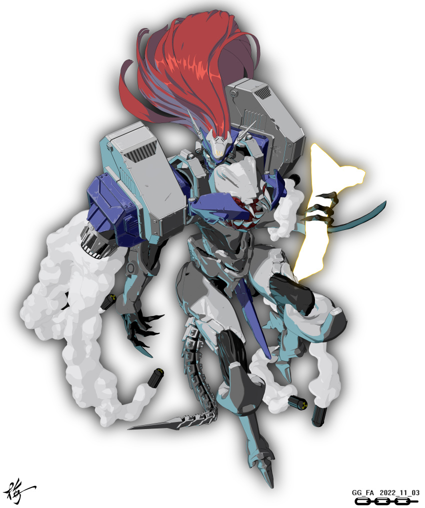 1girl 2625820539 absurdres glowing glowing_eyes guilty_gear guilty_gear_x highres humanoid_robot justice_(guilty_gear) mechanical_tail red_hair simple_background smoke solo_focus tail yellow_eyes