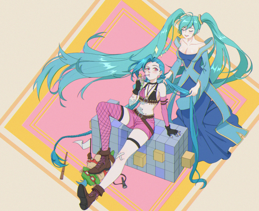 2girls aqua_hair arcane:_league_of_legends arcane_jinx bandaid bandaid_on_leg block blue_hair boots braiding_hair breasts cleavage closed_eyes crossed_bandaids cup drinking drinking_straw fishnet_thighhighs fishnets flag hairdressing hand_in_another's_hair highres holding holding_cup jing_zhou jinx_(league_of_legends) league_of_legends long_hair looking_at_another medium_breasts multiple_girls navel red_eyes shorts shoulder_tattoo simple_background small_breasts sona_(league_of_legends) tattoo thighhighs twintails white_flag