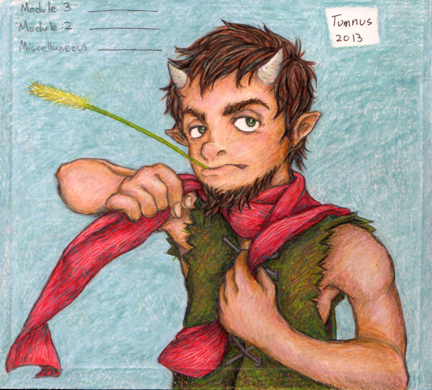 2013 apolojuice chronicles_of_narnia facial_hair faun goatee green_eyes horn humanoid male scarf solo traditional_media_(artwork) tumnus