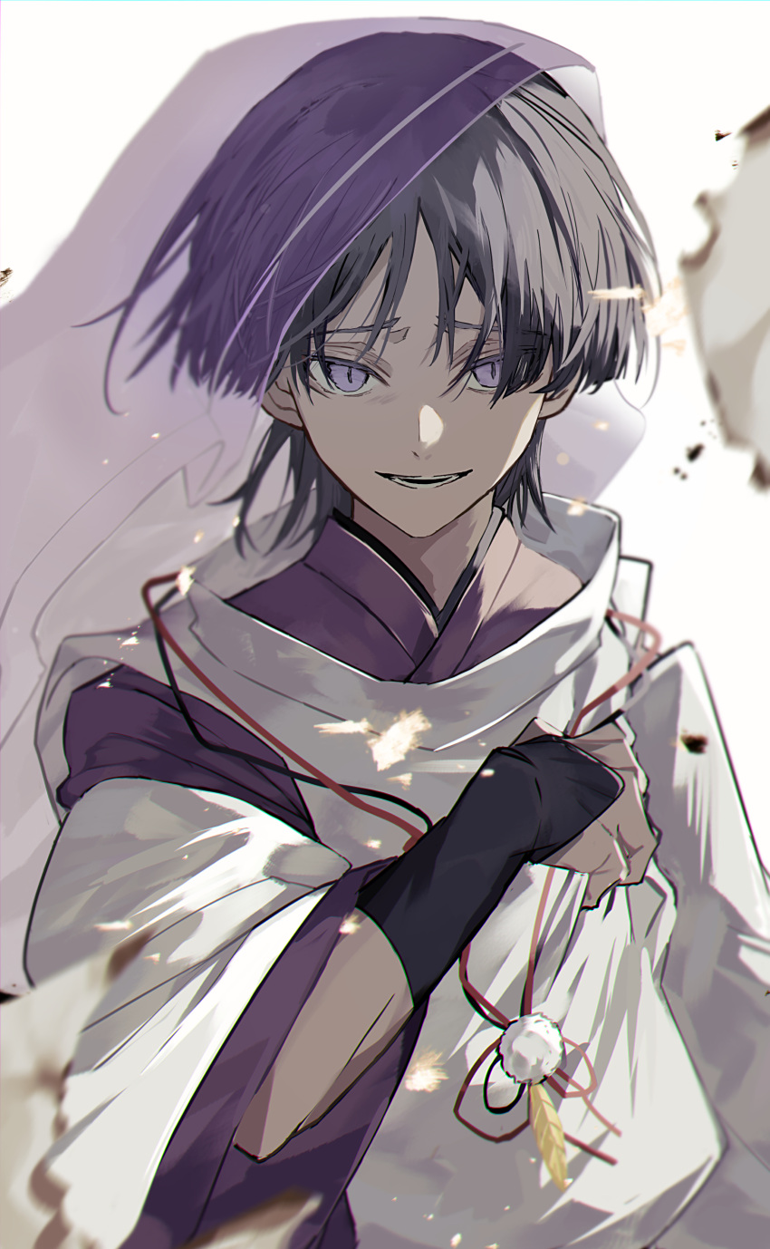 1boy absurdres bangs black_hair blurry blurry_foreground burned_paper burnt commentary_request embers evil_smile genshin_impact highres hitoyuki japanese_clothes kuronushi_(genshin_impact) looking_at_viewer male_focus purple_eyes scaramouche_(genshin_impact) short_hair slit_pupils smile solo upper_body veil vest white_background wide_sleeves